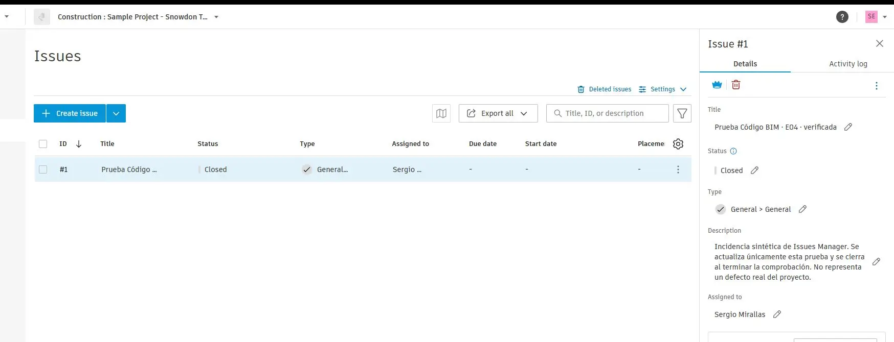 Autodesk Forma muestra la misma incidencia de prueba número 1 cerrada, con título verificada, descripción sintética y Sergio Mirallas como responsable.