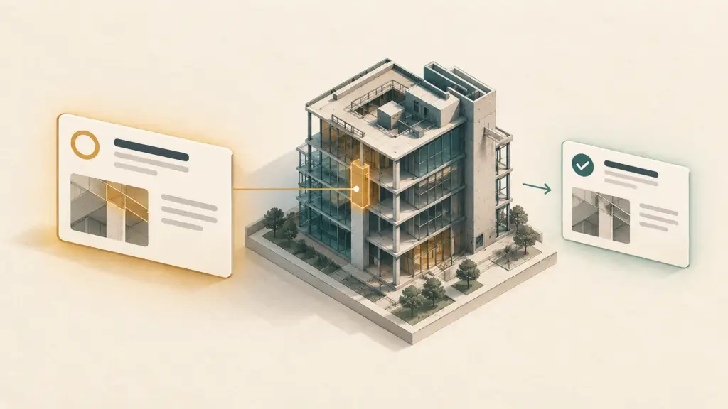 Ilustración conceptual de una incidencia vinculada a un modelo BIM, desde un marcador abierto hasta una verificación de cierre.