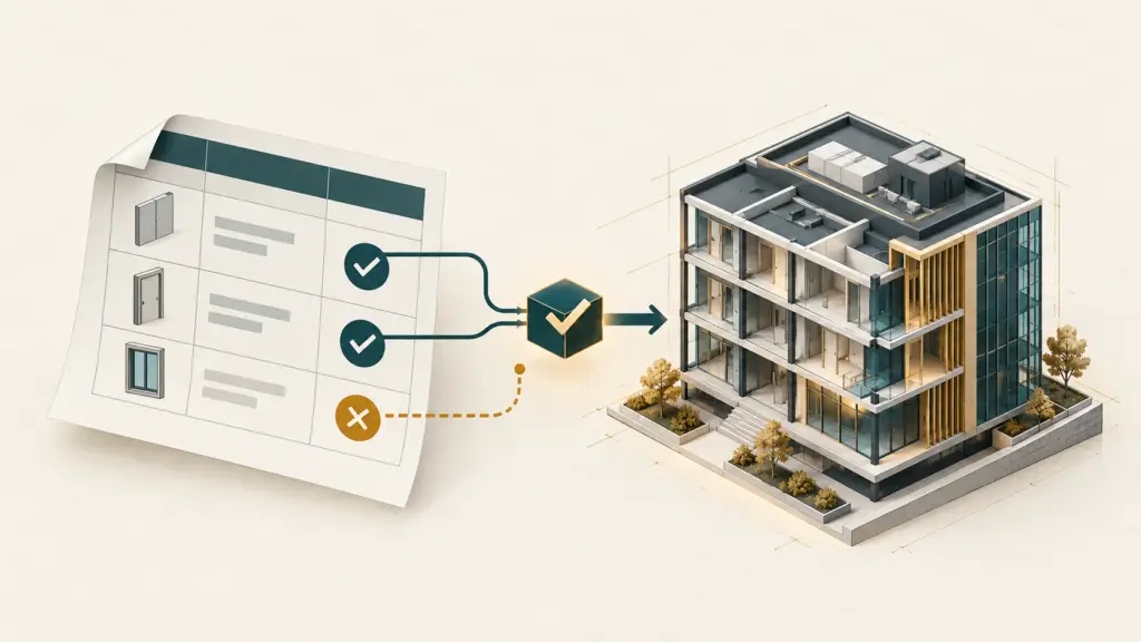 Ilustración conceptual de filas de una hoja de cálculo que pasan por una revisión antes de llegar a un modelo BIM; una fila queda bloqueada.